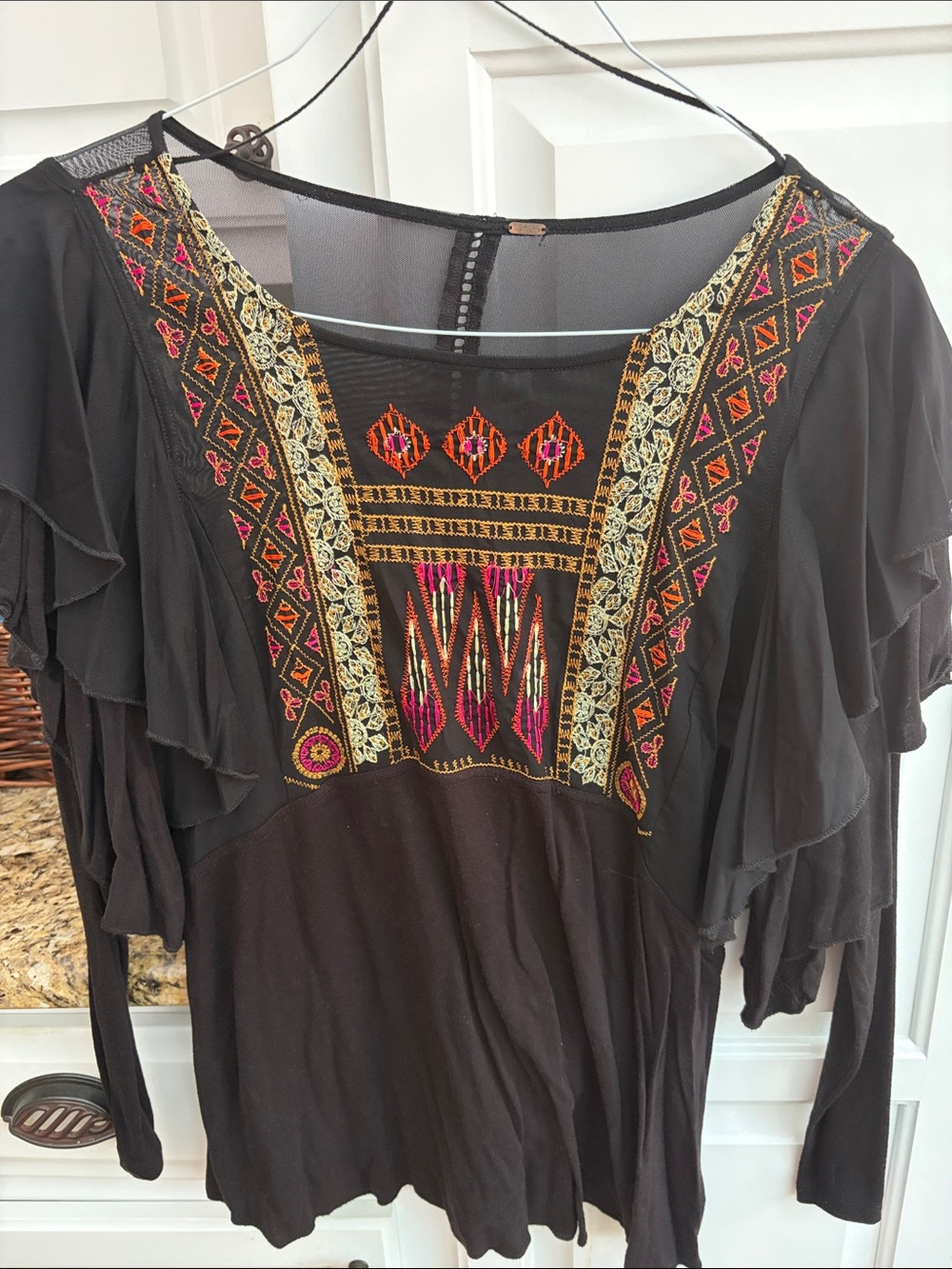Free people Embroidered Black Women's Top with Multicolor Accent - Boho Chic
